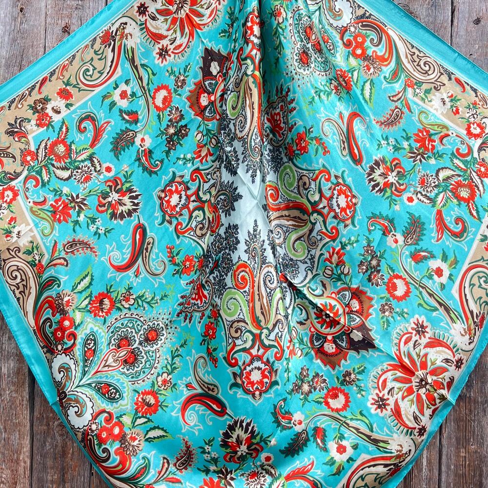 Paisley Printed Turquoise Wild Rag Scarf Southwestern 70s - Picture 3 of 3